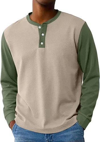 Vista 8 de Camisas de manga larga Henley con bloques de color para hombre, estilo casual, con botones, clásica, suave, transpirable