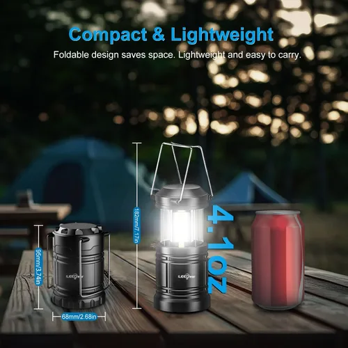 Vista 2 de Linterna de camping LED de ILEEDear, luces operadas por batería, brillo ajustable para camping, emergencias, cortes de energía, linternas plegables