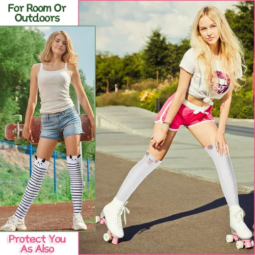 Vista 2 de 4 pares de calcetines peludos hasta el muslo para mujer, lindas medias de dibujos animados por encima de la rodilla, esponjosas, con rayas Kawaii