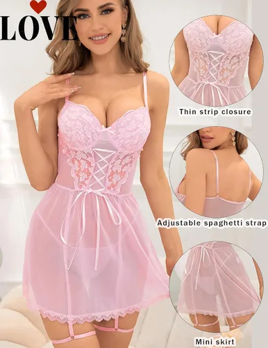 Vista 3 de Maysoar Lingerie for Women Lace Babydoll Lingerie with Garter Belt Teddy Chemise with Skirt
