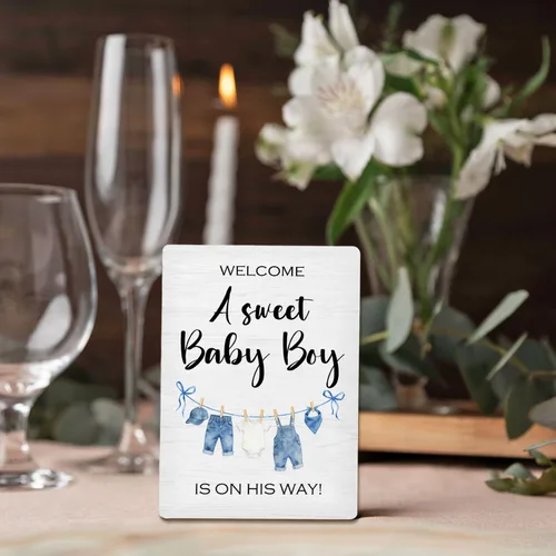 Vista 5 de Letrero azul de bienvenida para baby shower, mesa de ducha de niños y bebés, soporte de madera de 5 x 7 pulgadas, decoración de «A Sweet Baby Boy Is