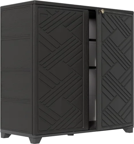 Vista 10 de HOMSPARK Armario de almacenamiento para interiores y exteriores con puertas y 1 estante, caja de almacenamiento de plástico HDPE de 34 x 15 x 34