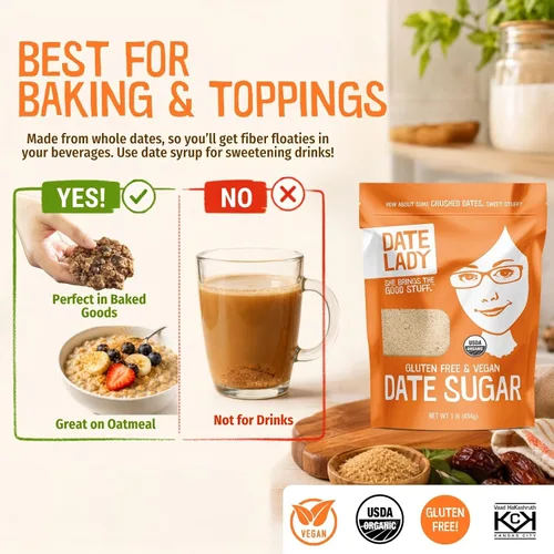 Vista 4 de Azúcar de dátiles orgánico, 1 libra, 100% alimento integral, vegano, paleo, sin gluten y kosher, 100% dátiles molidos Sustituto del azúcar