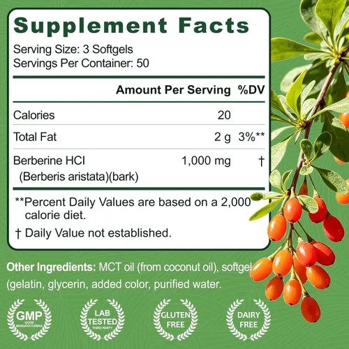 Vista 2 de Berberine HCl 1000mg, 150 Softgels Plus MCT Oil for Berberine Absorption