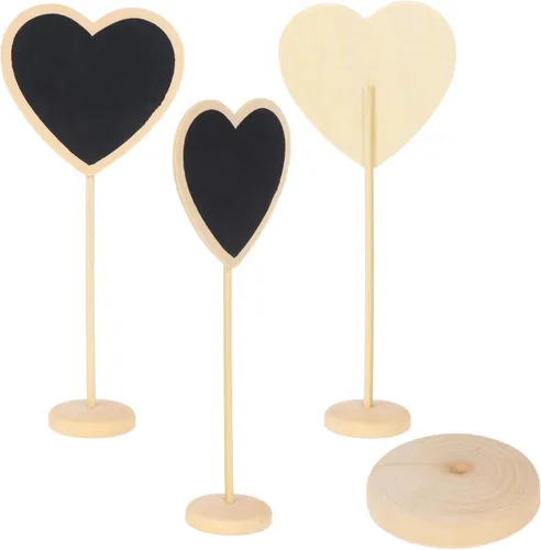 Vista 5 de 12 pizarras pequeñas con forma de corazón y soporte para tablero de mensajes, letreros pequeños de madera para bodas, fiestas de cumpleaños, números