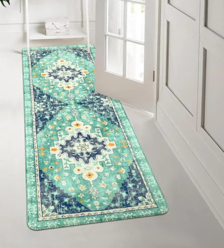 Vista 8 de Uphome Alfombra de baño vintage, azul, bohemio, antideslizante, oriental, suave, lavable a máquina, lindas alfombras de baño tribales florales