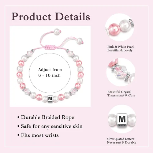 Vista 3 de ASKRAIN Pulsera de perlas rosas y blancas de cumpleaños para niñas