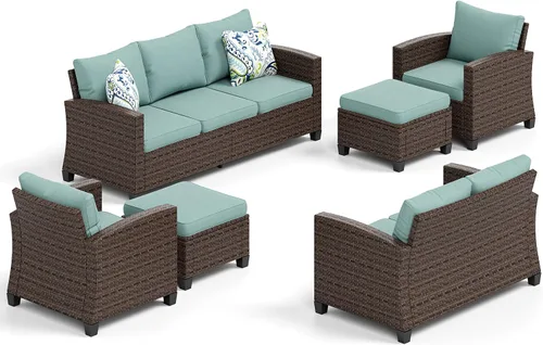 Vista 91 de HERA'S HOUSE - Juego de muebles para patio con mesa para fogata, muebles de mimbre para exteriores, sofá de conversación con asientos profundos