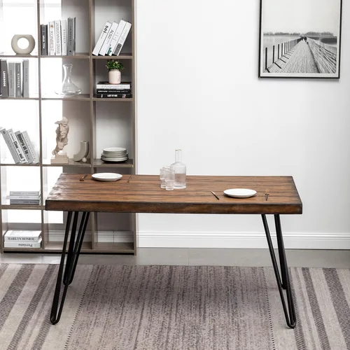 Vista 8 de Roundhill Furniture Aryven - Juego de comedor industrial de 7 piezas con mesa rústica de pino oscuro y 6 sillas de piel sintética, color gris