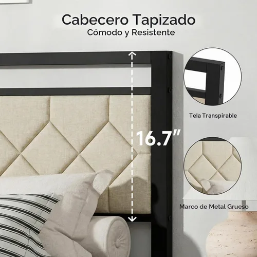 Vista 4 de Z-hom Base de cama matrimonial tapizada de fácil montaje y cabecera Beige
