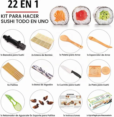 Vista 2 de Kit de fabricación de sushi SmileTools, juego de 22 piezas para principiantes con libro guía, bazuca, cuchillo, estera, cortador de aguacate