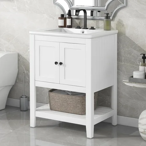 Vista 2 de Merax Moderno tocador de baño con fregadero, armario de almacenamiento de baño de 24 pulgadas con estante abierto, juego de fregadero de madera