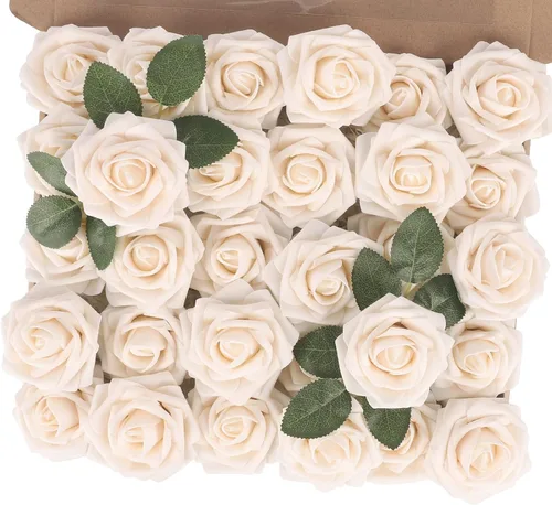 Vista 39 de MACTING 30 PCS Flores Artificiales Rosas Negras y Blancas Flores Falsas con Tallo Rosas de Espuma de Tacto Real para Boda Bola de Besos Ramillete