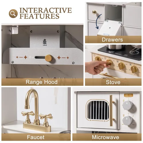 Vista 7 de ROBOTIME Juego de cocina de madera para niños pequeños y niños, juego de cocina de juguete con máquina de hielo y cafetera, juego de cocina realista