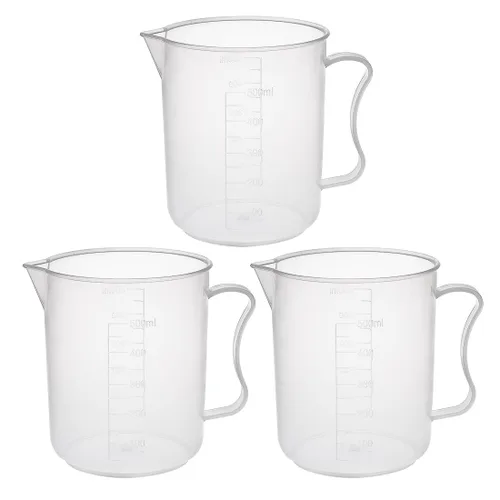 Vista 6 de uxcell Taza de medición 10.1 fl oz PP plástico graduado vaso de precipitados transparente con mango para líquidos de cocina de laboratorio 3 unids