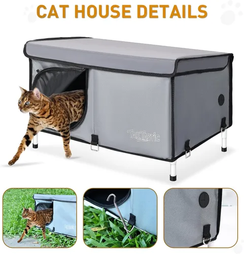 Vista 5 de Casa para gatos al aire libre elevada, casa para gatos salvajes aislada al aire libre para invierno, cama para gatos impermeable con almohadón