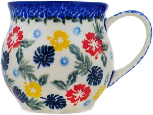 Vista 38 de Auténtica taza de burbujas de cerámica polaca de 13 onzas en diseño amarillo hecho a mano en Bolesławiec Polonia por Ceramika Bona + certificado