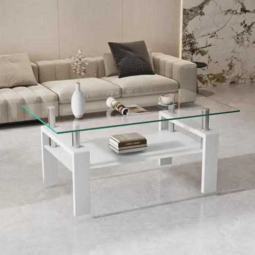 Vista 12 de Mesa de centro de vidrio rectangular Meihua de 2 niveles, mesa de té moderna, mesa auxiliar de café para sala de estar (todo negro)