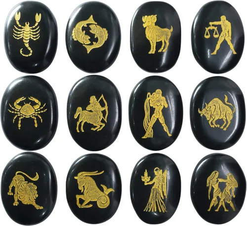 Vista 5 de Crocon Ágata negra con símbolos del zodiaco u horóscopo, piedras grabadas con nombre (juego de 12) para meditación de equilibrio de reiki, piedras