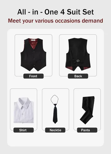 Vista 2 de YuanLu Vestido de traje para niños, traje de portador de anillos, vestidos de regreso a casa, chaleco y pantalones para niños, trajes de esmoquin