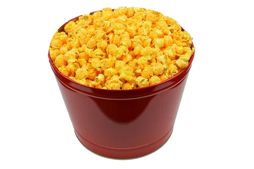 Vista 7 de Signature Popcorn - Lata de metal reutilizable rojo sólido de 2 galones - Mantequilla, caramelo y queso cheddar