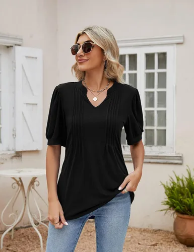Vista 2 de Camisetas de verano con cuello en V para mujer, de manga corta, estilo casual, a la moda Negro