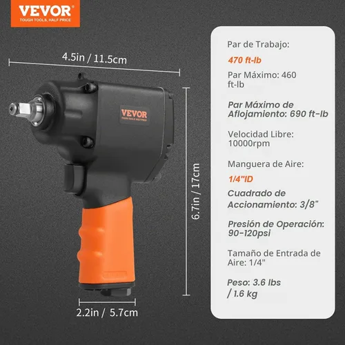 Vista 8 de VEVOR Llave de Impacto Neumática, Pistola de Impacto Neumática de Transmisión de 3/8 Pulgadas, Hasta 690 ft-lbs de Torque de Aflojamiento
