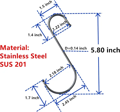 Vista 4 de Ganchos en S de metal para colgar (paquete de 12) de acero inoxidable grande de 6 pulgadas con tapón redondo antideslizante para armario, ropa