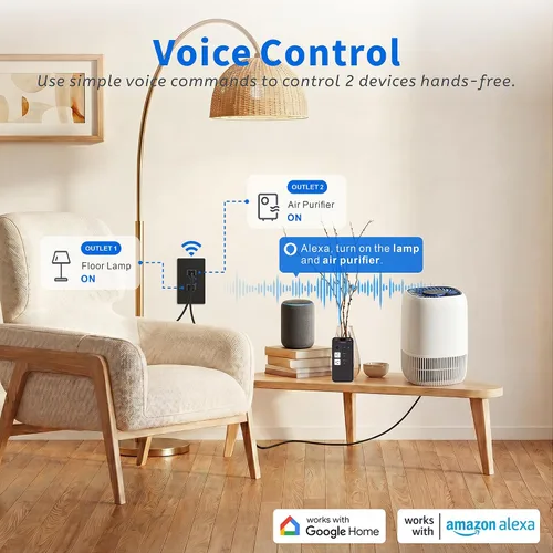 Vista 4 de Enchufe Eléctrico Inteligente Negro, Enchufe Wi-Fi Inteligente con Control Individual, Receptáculo de 15Amp con Control Remoto, Compatible