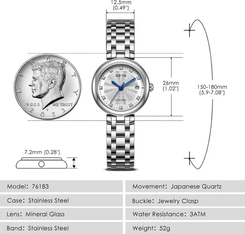 Vista 6 de GeYa Silver Watch for Women Dainty Ladies Analog Quartz Wristwatch with Date & Diamond Dial, Stainless Steel Bracelet Water Resistant for Petite