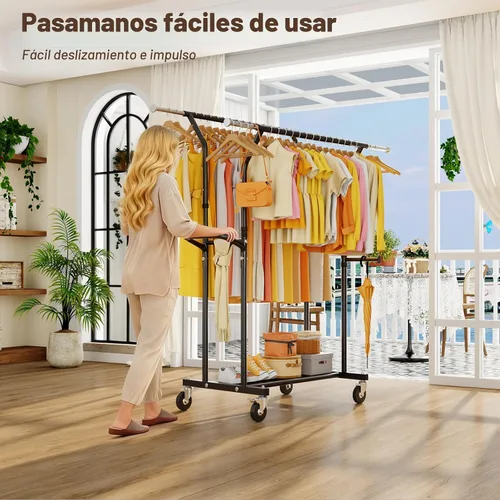 Vista 5 de Perchero de ropa resistente de 800 libras: perchero con ruedas para colgar abrigos, barras dobles, estantes portátiles para ropa con ruedas, estante