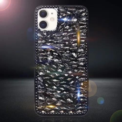Vista 8 de Funda de lujo con pedrería para iPhone 15, funda de teléfono con purpurina 3D brillante y diamantes, color negro