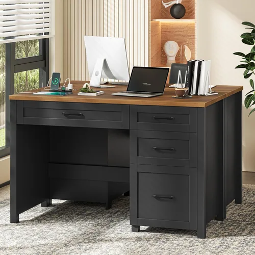 Vista 6 de Vabches Farmhouse - Escritorio ejecutivo de 47 pulgadas con 4 cajones, escritorio para computadora con cajón de archivos y estación de carga, Negro
