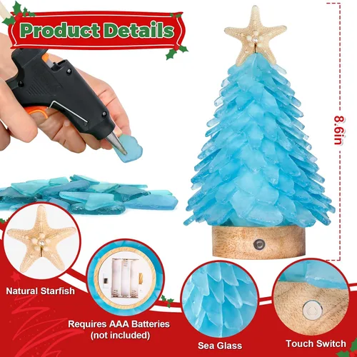 Vista 4 de Árbol de Navidad de cristal azul marino - Mini árbol de Navidad con luces LED Centro de mesa hecho a mano, ideal para Navidad, Año Nuevo
