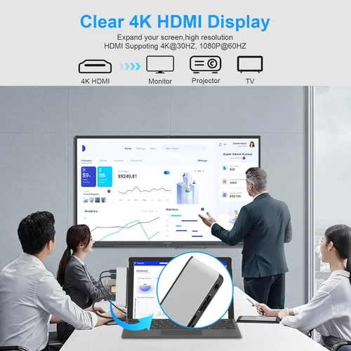 Vista 3 de Estación de acoplamiento para superficie con HDMI 4K, USB-C Thunderbolt 4 (pantalla+datos+100 W PD), 2 USB 3.0, audio de 0.138 in, lector