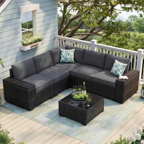 Vista 19 de JOYURE Juego de muebles de patio de 5 piezas, sofá de exterior con cojines impermeables, sofá de patio en forma de L de ratán y mesa auxiliar Gris