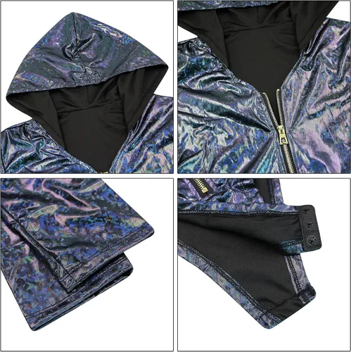 Vista 6 de RARITYUS Women Rave Hologram Hooded Bodysuit Romper Fashion Swimsuit Festival Costume Zip Up Long Sleeve Party Clubwear