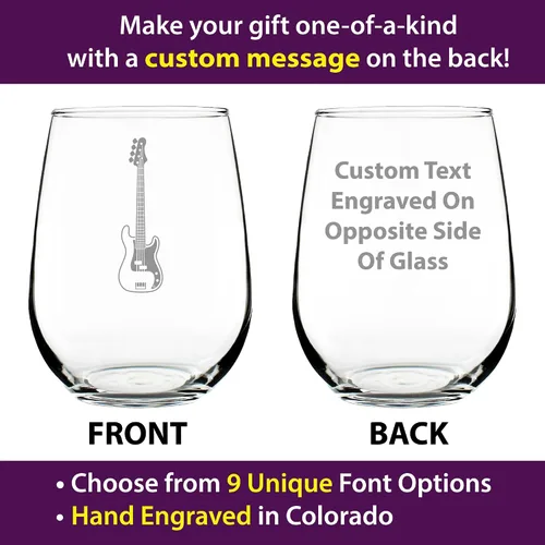 Vista 2 de Custom Electric Bass Personalized Stemless Wine Glass - Music Gifts for Bass Players, Teachers and Musicians that Play Bass Guitar - Large 17 Oz