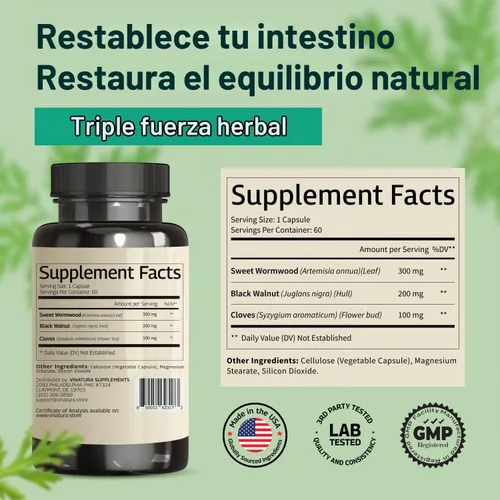 Vista 3 de VINATURA Cápsulas de clavo de nogal negro de ajenjo, fórmula de limpieza, desintoxicación, protector intestinal para humanos, con hierba de ajenjo