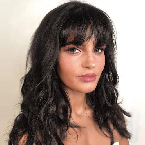 Vista 12 de WIGNEE Pelucas onduladas naturales con flequillo, 100% cabello humano brasileño, pelucas onduladas de moda, color negro natural