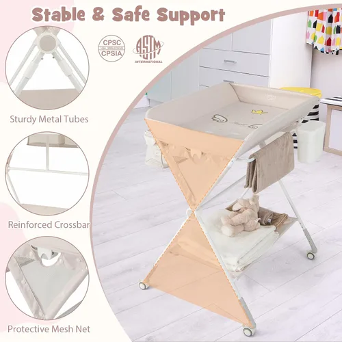 Vista 5 de BABY JOY Cambiador portátil para bebé, estación de cambio de pañales plegable con ruedas, altura ajustable, estante de almacenamiento grande