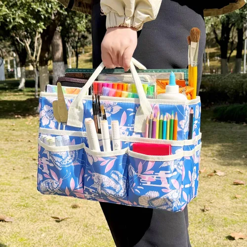 Vista 7 de Bolsa de mano organizadora de manualidades con múltiples bolsillos, gran caddy de almacenamiento de arte con asas para arte, manualidades, costura