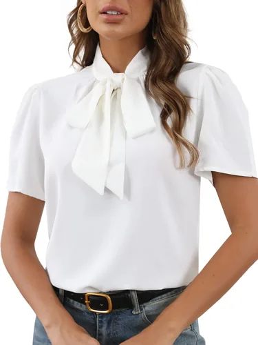 Vista 3 de Rooscier Blusa elegante de manga corta con nudo y lazo para mujer