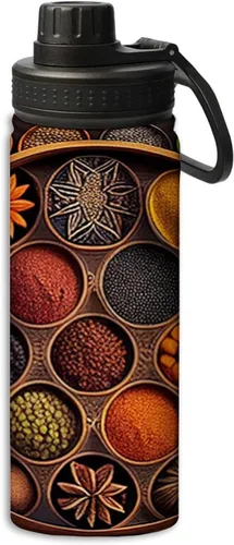Vista 14 de Hermosa botella de agua de acero inoxidable de 18 onzas con patrón circular de mandala dorada, botella de agua deportiva de doble pared aislada al