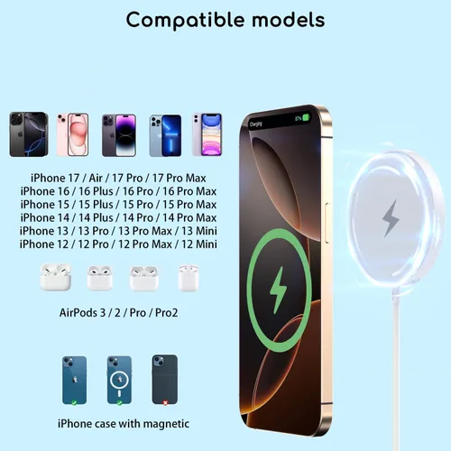 Vista 11 de Cargador inalámbrico magnético para iPhone, 2 paquetes de 6 pies [Certificado Apple MFi] Cable de cargador Mag-Safe magnético inalámbrico con bloque