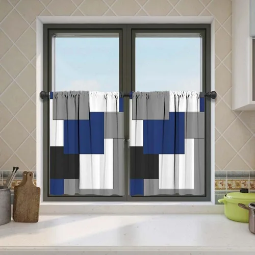Vista 16 de MCALK Cortinas opacas azules para cocina, cenefas para ventanas, arte abstracto moderno para sala de estar (juego de niveles de 36 pulgadas)