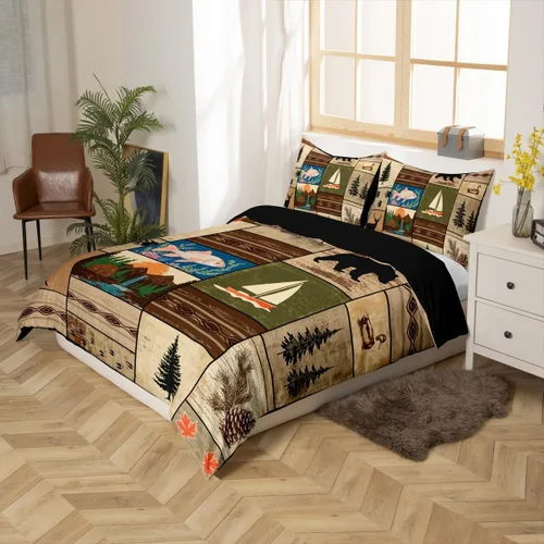 Vista 2 de Funda de edredón de cabaña marrón retro, juego de ropa de cama de retazos con diseño de oso del bosque, ciervos para cabaña rústica, funda de Multi