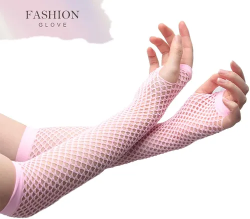 Vista 6 de Kakaco Guantes de red para mujer, guantes de malla neón sin dedos, guantes largos de red de los años 80, guantes de disfraz para mujeres y niñas