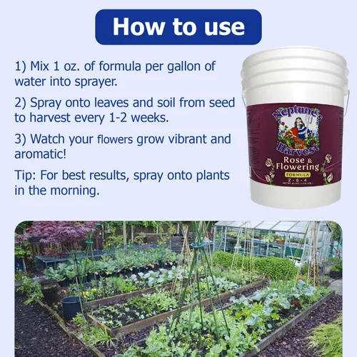 Vista 4 de Neptune's Harvest Fertilizante de rosas y flores (2-6-4) - Cubo de 5 galones - Alimento líquido orgánico para flores vibrantes y crecimiento