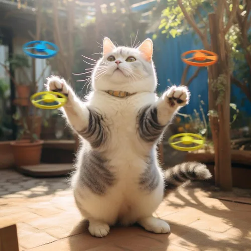 Vista 2 de Juguete de caza para gatos, juguete interactivo para gatos voladores con 20 hélices voladoras, juguete de pistas de gatito para entrenamiento, caza
